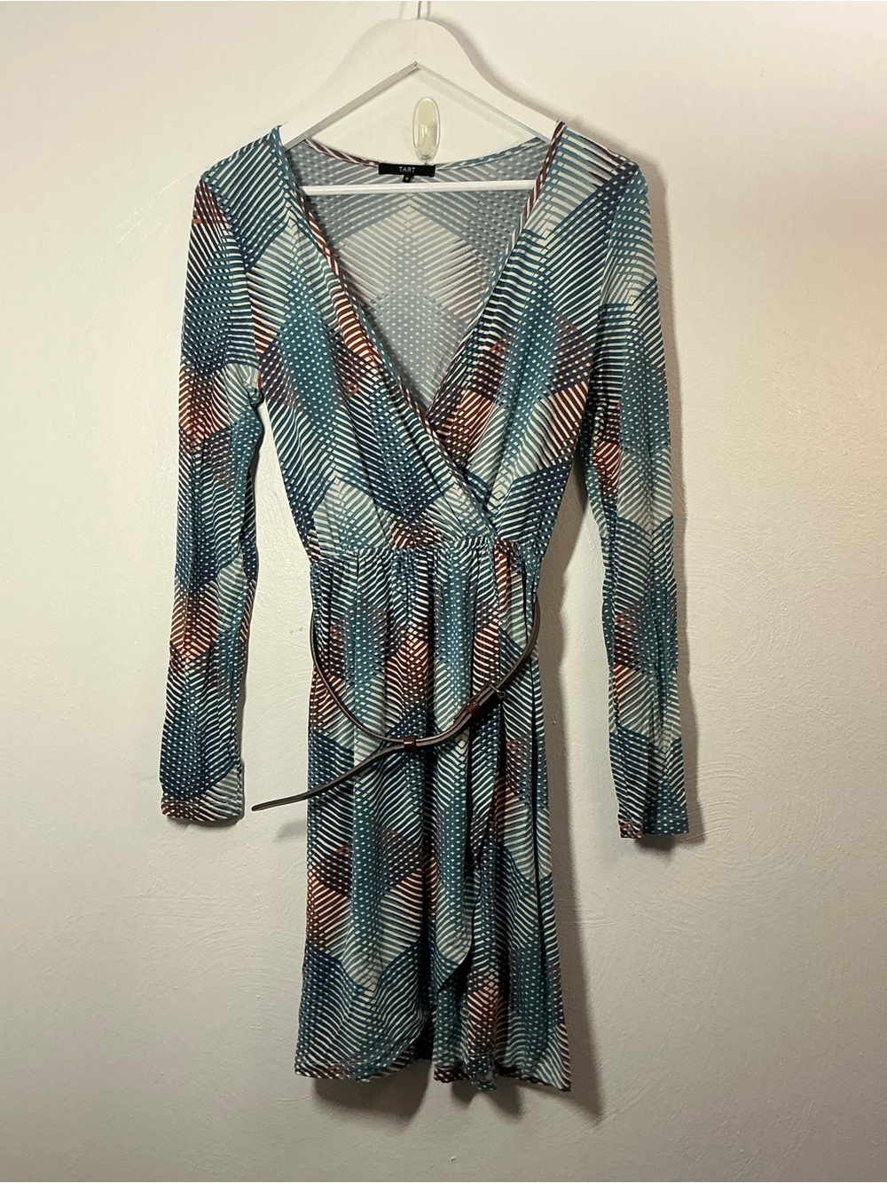 Tart Geometric Wrap Mini Dress in Teal & Brown Size Small